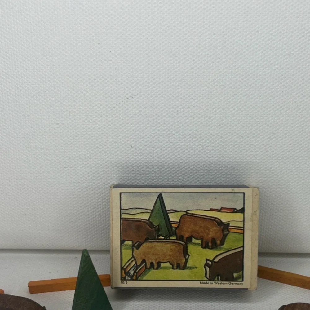 Vintage Wooden Buffalo Play Set w/ 4 Figures, Fence & Tree, Made Western Germany